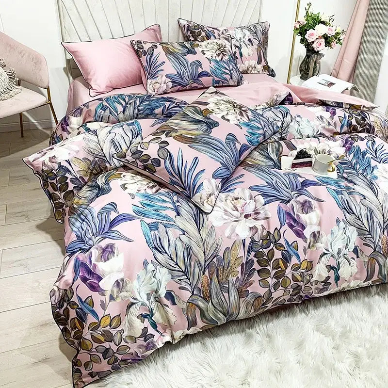 DecorBites™ luxury egyptian cotton duvet cover set with pink floral and blue botanical prints on satin-like fabric