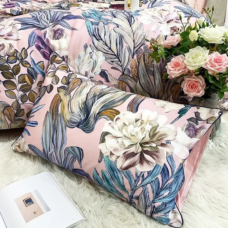 Pink floral pillowcase with blue white and purple pattern from DecorBites™ luxury egyptian cotton duvet cover set