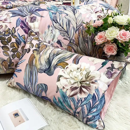 Pink floral pillowcase with blue white and purple pattern from DecorBites™ luxury egyptian cotton duvet cover set