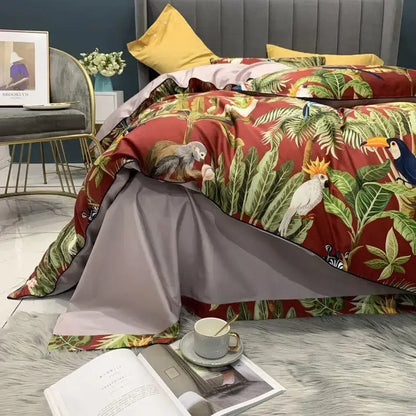 Decorbites™ luxury egyptian cotton duvet cover set with vibrant green leaves toucans and monkeys on red background