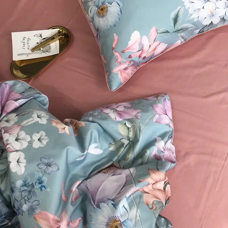 DecorBites luxury egyptian cotton duvet cover set with light blue floral pattern includes matching pieces pillowcases