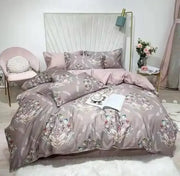 Decorbites™ luxury egyptian cotton duvet cover set in soft mauve satin with floral pattern and matching pillowcases