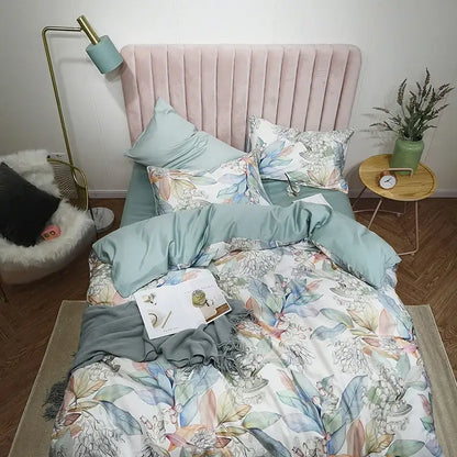 DecorBites™ luxury egyptian cotton duvet cover set in mint green with floral patterns includes pillowcases