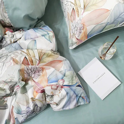 DecorBites luxury egyptian cotton duvet cover with pillowcases featuring soft pastel floral design in blue pink and green