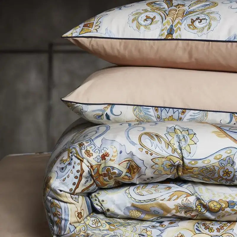 DecorBites luxury egyptian cotton duvet cover and pieces pillowcases set in cream gold blue paisley pattern on soft fabric