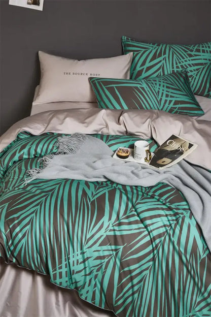 Decorbites luxury egyptian cotton duvet cover set with teal and gray flamingo leaf pattern and matching pillowcases