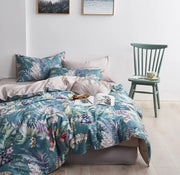 Teal and pink floral printed duvet cover and pillowcases set with satin finish made of luxury egyptian cotton by decorbites