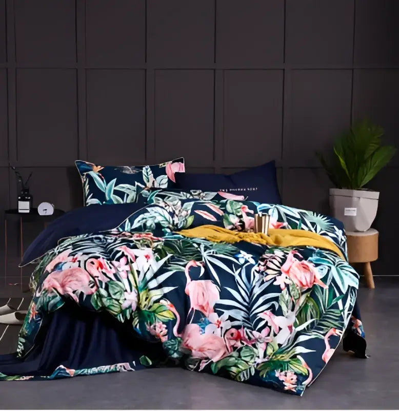 DecorBites™ luxury egyptian cotton duvet cover set with pink flamingos and green tropical leaves on navy blue background