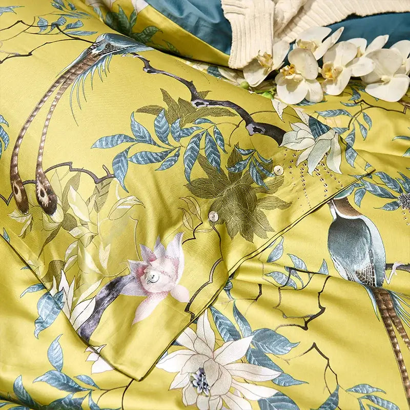 DecorBites luxury egyptian cotton duvet cover in vibrant yellow with intricate bird and blossom design with pillowcases