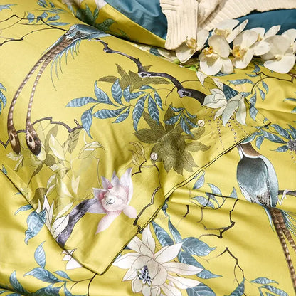 DecorBites luxury egyptian cotton duvet cover in vibrant yellow with intricate bird and blossom design with pillowcases