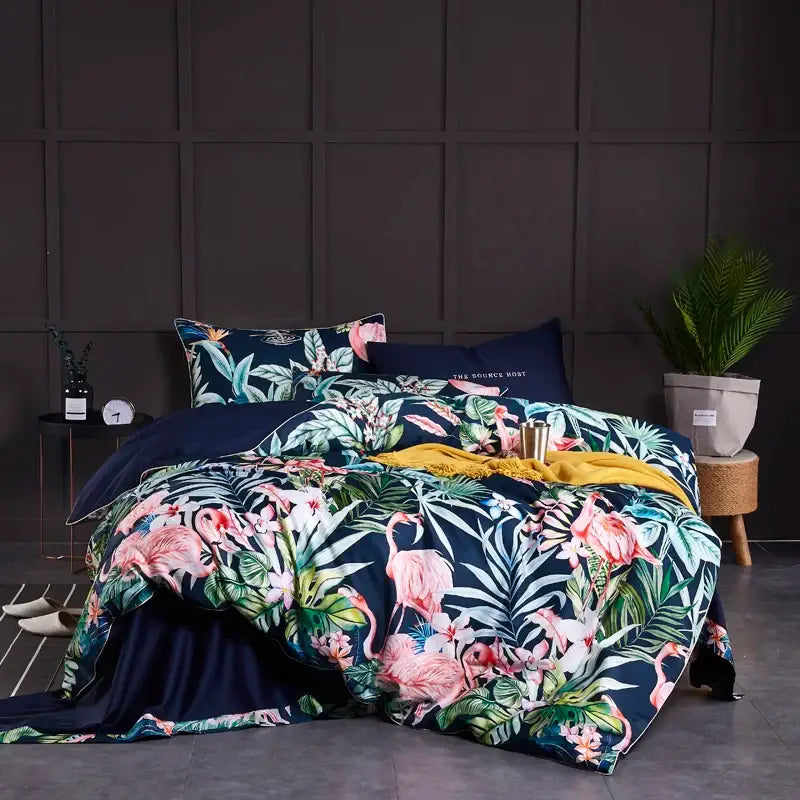 Decorbites luxury egyptian cotton duvet cover set with pink flamingos green foliage on navy includes pillowcases and yellow throw