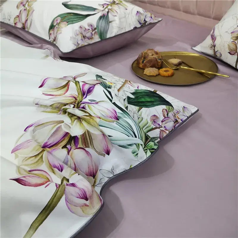 Decorbites luxury egyptian cotton pillowcase featuring white botanical print with purple and green orchids for bedding set