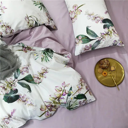 Decorbites luxury egyptian cotton duvet cover with pink orchid print and matching lavender satin pieces pillowcases