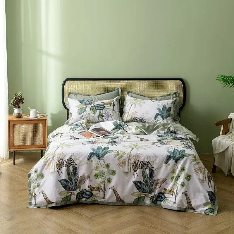DecorBites™ luxury egyptian cotton duvet cover and pillowcases with white jungle animal print featuring zebras and giraffes
