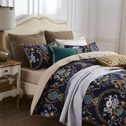 Luxurious navy blue egyptian cotton duvet cover with gold and teal floral baroque patterns and coordinating earthy pillowcases