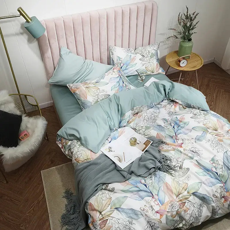 Decorbites luxury egyptian cotton duvet cover set with soft mint green floral pattern and pieces pillowcases 48*74cm