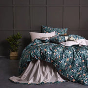 DecorBites™ luxury Egyptian cotton duvet cover set with teal floral design and pieces pillowcases 48*74cm satin-lined interior