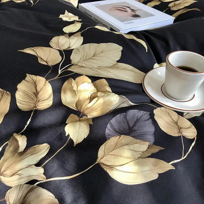 Decorbites™ luxury egyptian cotton duvet cover in black satin with intricate gold and muted purple leaf patterns