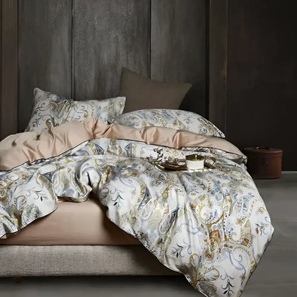 The duvet cover of the DecorBites luxury Egyptian cotton bedding set features a gold gray cream paisley pattern with pieces pillowcases 48*74cm