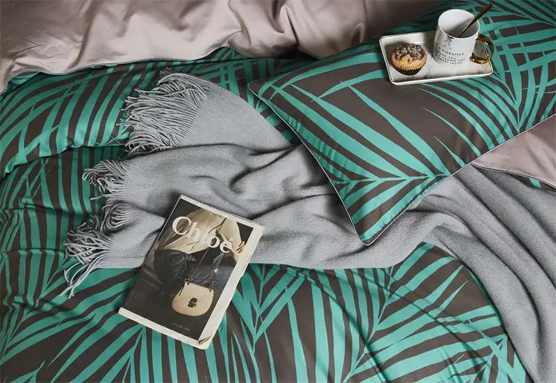Decorbites™ luxury egyptian cotton bedding set with teal dark gray flamingo leaf duvet cover and pieces pillowcases 48*74cm