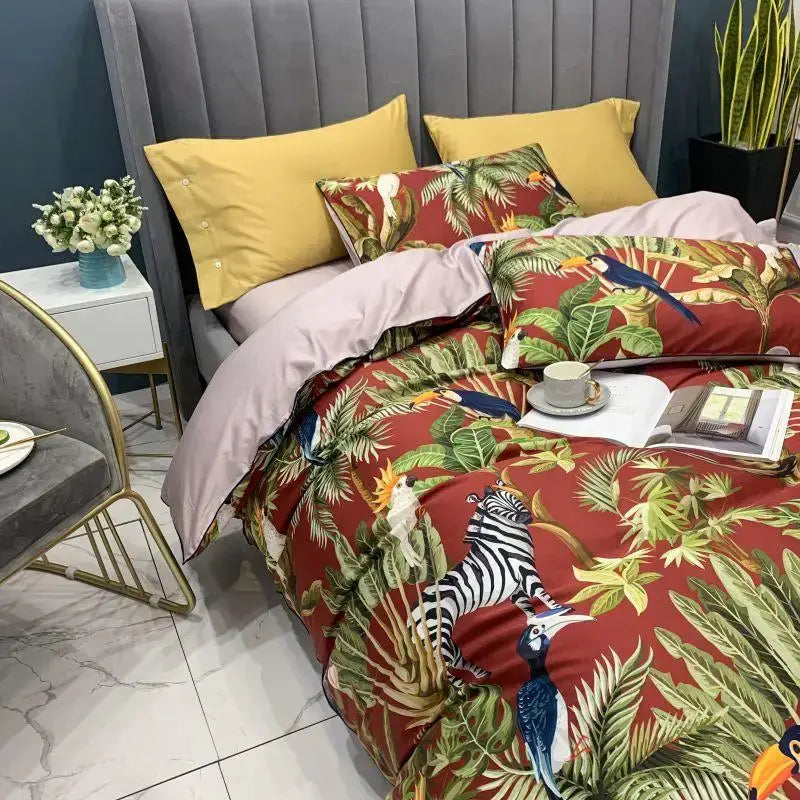 Red tropical-themed decorbites luxury egyptian cotton duvet cover set with vibrant foliage toucans zebra and pillowcases 48 74cm