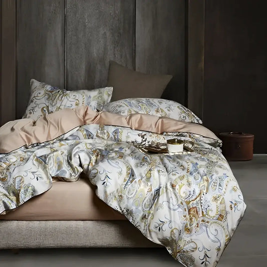 Decorbites™ luxury egyptian cotton duvet cover and pieces pillowcases 48*74cm with gold gray paisley pattern on white background