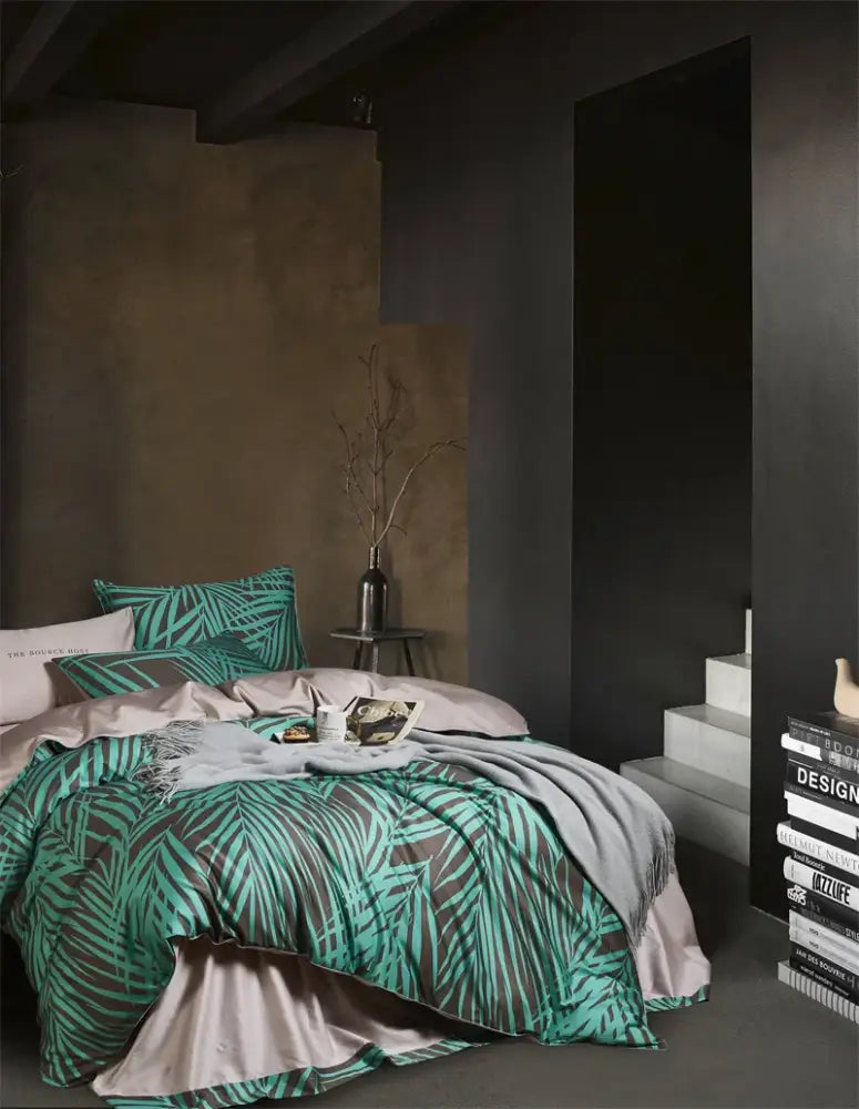 Teal and brown palm leaf patterned DecorBites luxury Egyptian cotton duvet cover set with satin accents and pillowcases