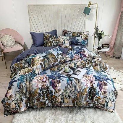 Decorbites luxury flamingo leaf duvet cover set in soft pastel tones with detailed floral motifs and pieces pillowcases 48*74cm