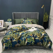 Blue tropical bird and foliage printed duvet cover set with pillowcases from decorbites luxury flamingo leaf bedding set