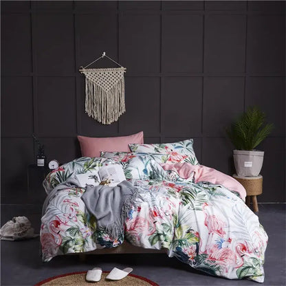 Decorbites luxury flamingo leaf duvet cover with floral pattern and pieces pillowcases 48 74cm on white background