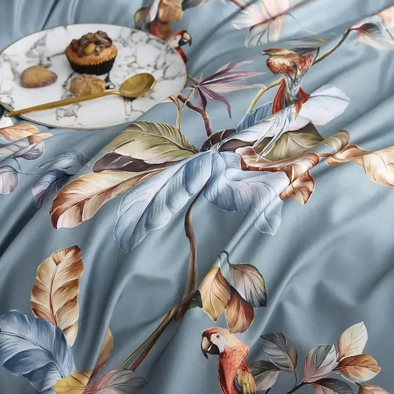 Decorbites luxury flamingo leaf duvet cover in light blue satin with tropical parrot and leaf print includes pillowcases 48*74cm