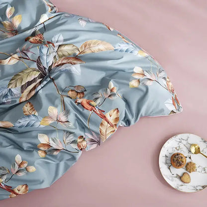 Decorbites luxury flamingo leaf duvet cover in light blue satin with tropical leaves and red parrot includes pillowcases 48*74cm