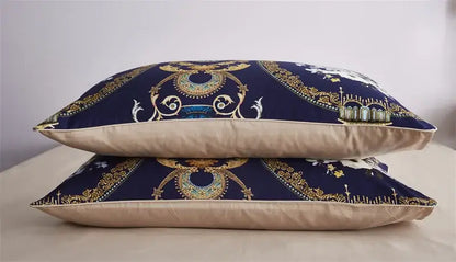 Decorbites luxury flamingo leaf bedding set queen king size navy blue cushion with gold ornate patterns and beige backing duvet cover pieces pillowcases 48*74cm