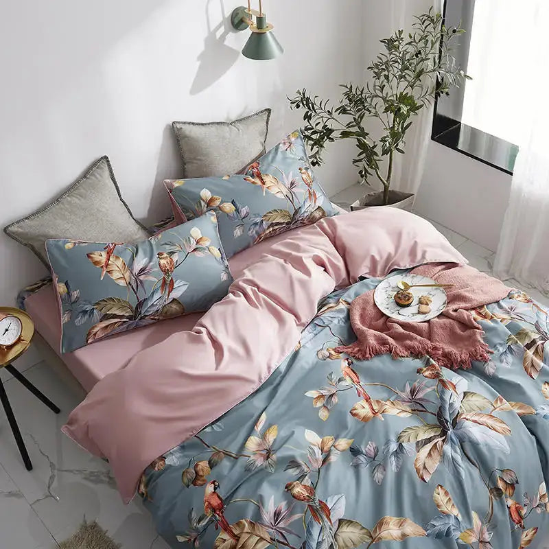 Decorbites luxury flamingo leaf bedding set queen king size pastel blue pink duvet cover with pieces pillowcases