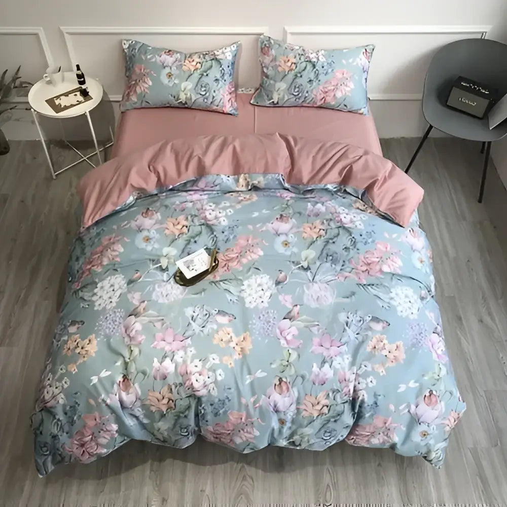 Decorbites luxury flamingo leaf king size duvet cover set pastel blue floral with pink accents and soft textured fabric finish