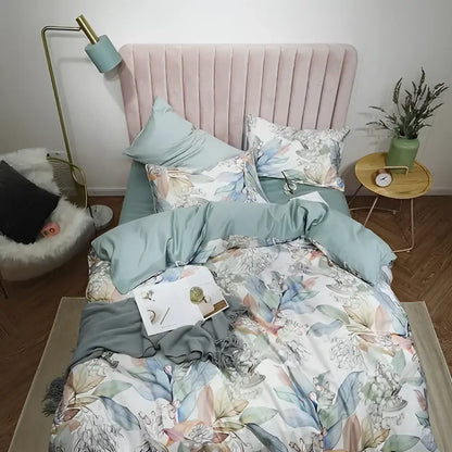 Decorbites luxury flamingo leaf duvet cover set in pastel green and white with soft satin fabric and pillowcases 48 by 74 cm