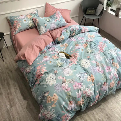 Soft mint green floral duvet cover with pink blossoms and birds printed on smooth fabric in decorbites luxury set pieces pillowcases 48*74cm