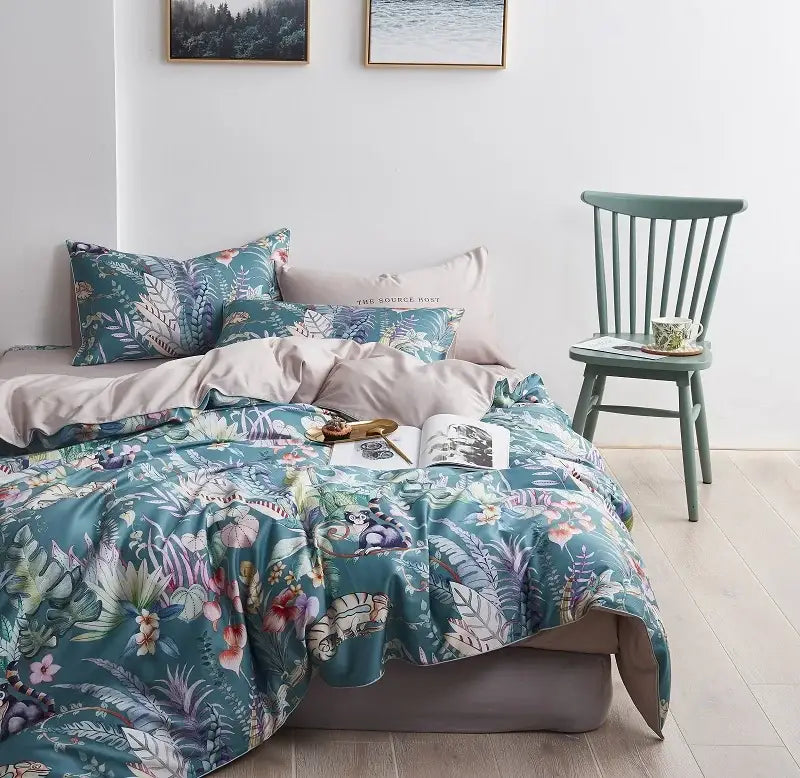 Decorbites luxury flamingo leaf bedding set queen king size with teal and pink floral satin duvet cover and pillowcases 48 74cm