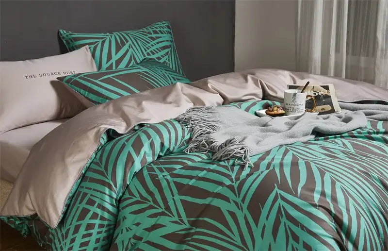 Decorbites luxury flamingo leaf duvet cover set in teal and gray with matching pieces pillowcases 48*74cm queen king size