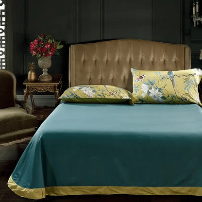 Teal satin duvet cover with gold trim and matching floral-patterned 48*74cm pieces pillowcases from decorbites luxury set