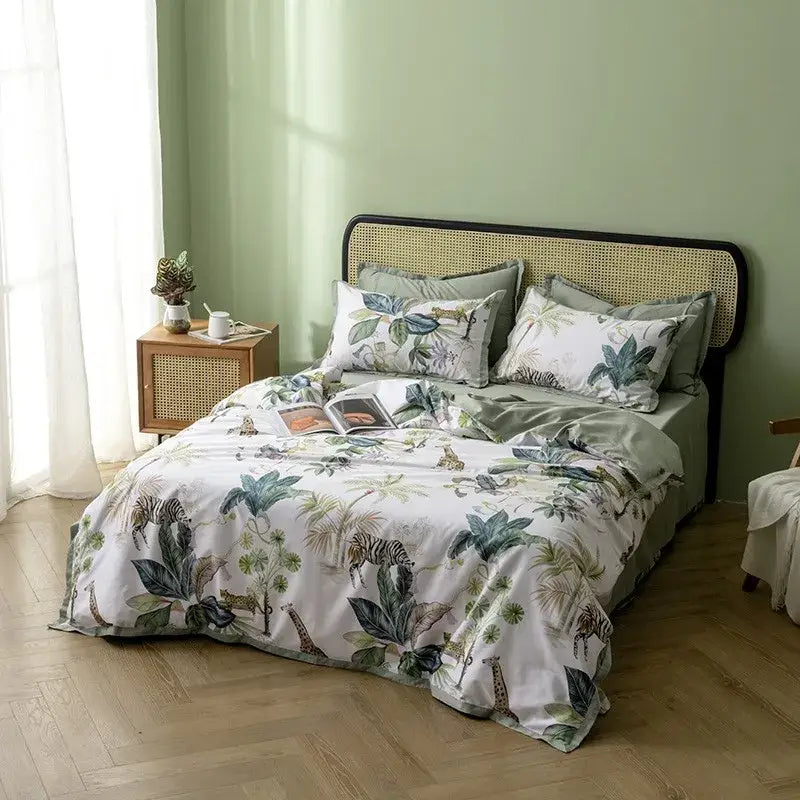 Decorbites luxury flamingo leaf duvet cover with jungle animal print in green gray and black includes pillowcases 48 74cm
