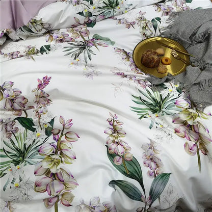 White duvet cover with purple and green orchid botanical print on soft satin fabric from DecorBites™ luxury bedding set pieces pillowcases 48*74cm