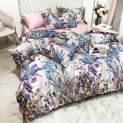 Decorbites luxury flamingo leaf duvet cover set in pink satin fabric with blue white purple botanical prints includes pillowcases 48*74cm