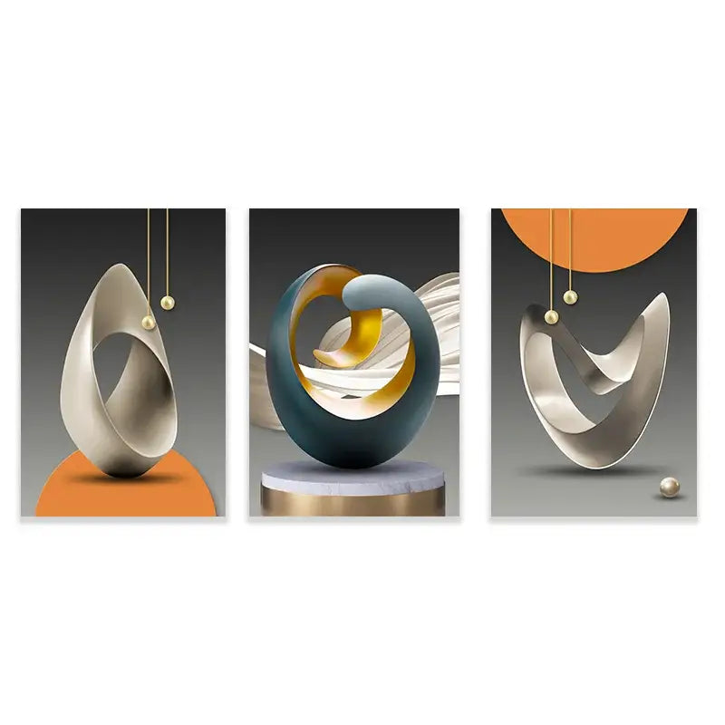 Modern abstract sculpture with smooth silver and gold metallic surfaces featured in decorbites™ luxury geometric canvas prints set wall art