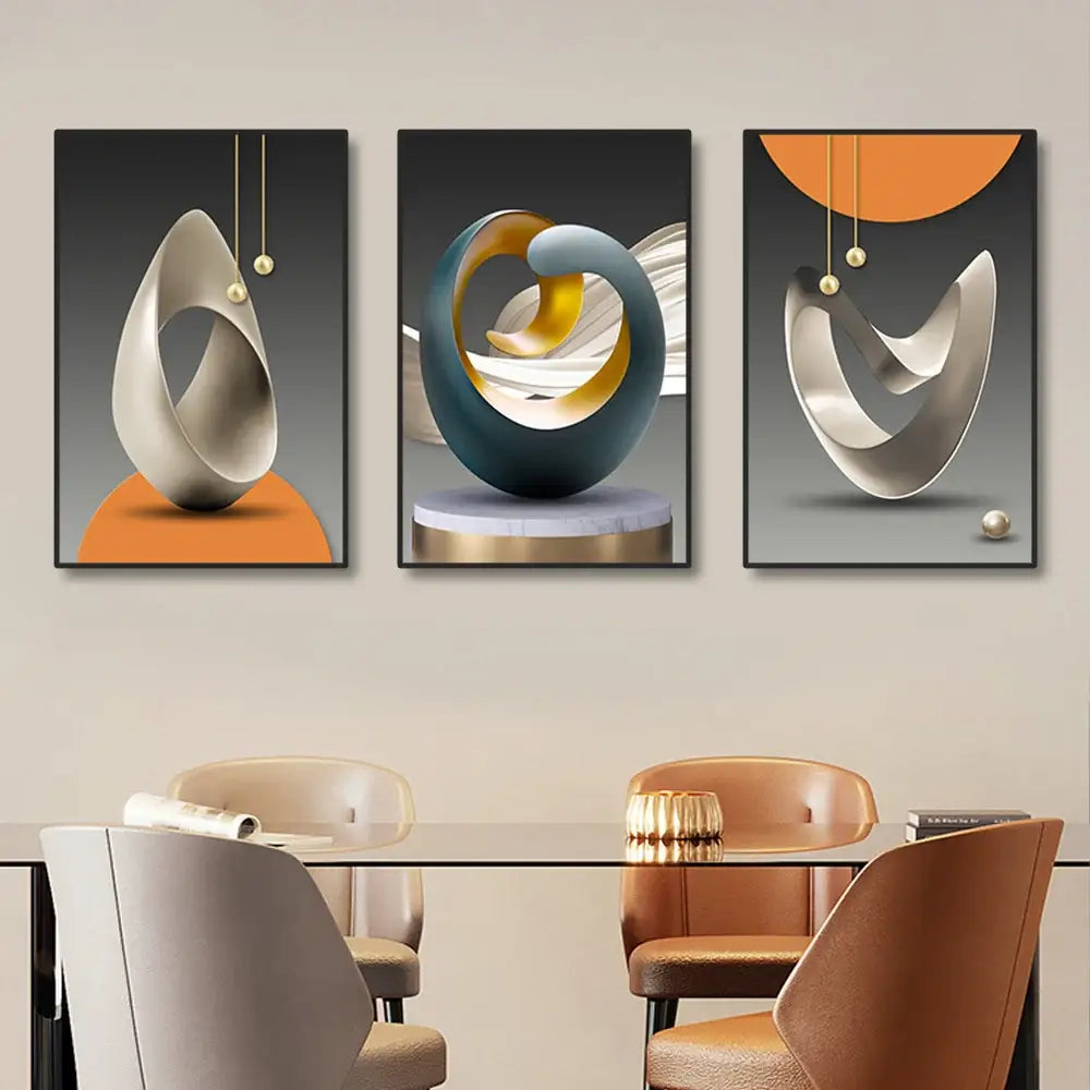 DecorBites™ luxury geometric canvas prints set featuring modern metallic silver teal and gold abstract wall art