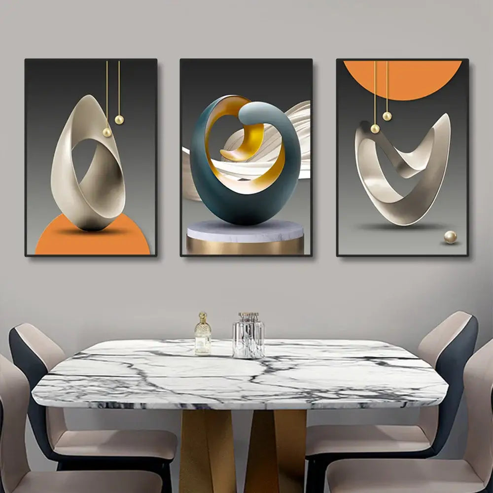 Set of three DecorBites luxury geometric canvas prints featuring metallic silver teal and gold modern geometric wall art