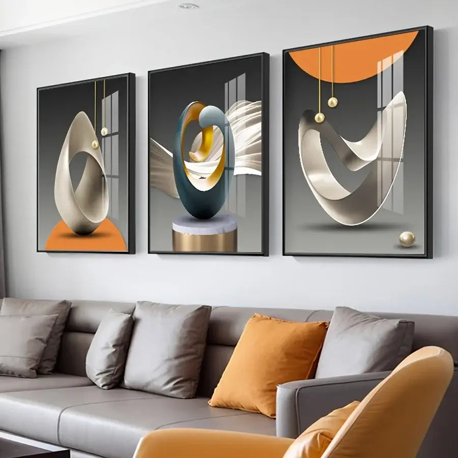 Set of three DecorBites™ luxury geometric canvas prints featuring gold and silver metallic sculptures as modern wall art