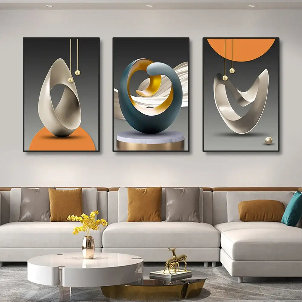 Set of three decorbites™ luxury geometric canvas prints with silver teal and gold metallic sculptures for modern wall art