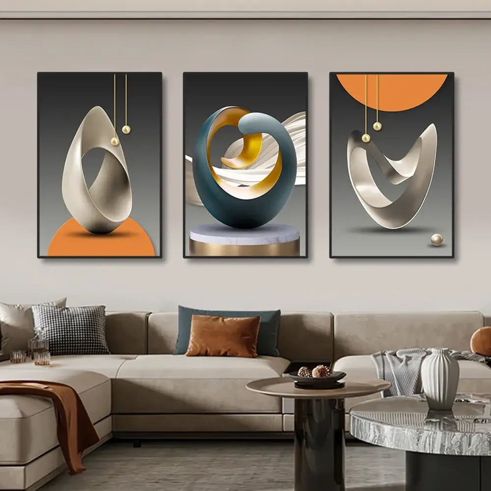 DecorBites luxury geometric canvas prints set with modern metallic silver and gold sculptures on dark wall art backgrounds