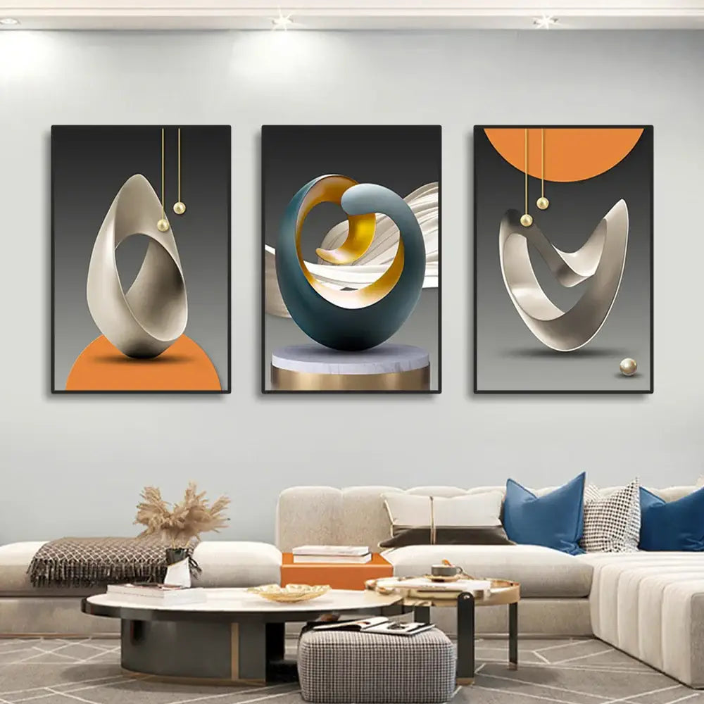Set of three decorbites™ luxury geometric canvas prints featuring metallic silver, teal, and gold abstract wall art